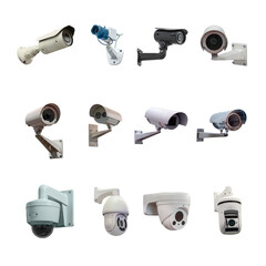 twelve modern video cameras of various designs for monitoring the situation at the facility. Isolated on white background