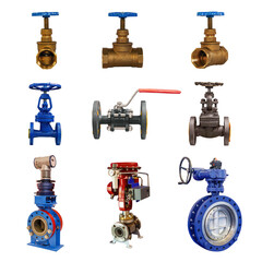 nine valves of various designs with automatic and manual control for a gas pipeline on a white background - 447783648