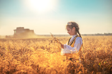 Naklejka na ściany i meble Young girl in traditional Bulgarian folklore costume at the agricultural wheat field during harvest time with industrial combine machine