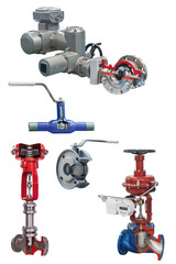 five state-of-the-art manual and automatic shut-off valves for gas pipeline isolated on a white background. Transverse section