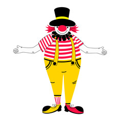 A cute short fat clown in yellow, red, black and white, he is drawn in a doodle style. Stock vector illustration isolated on a white background.