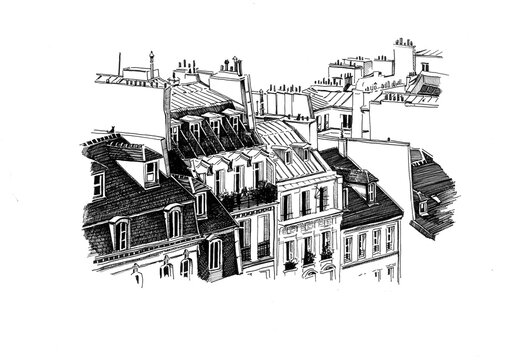 Drawing graphics Paris. Hand drawn illustration. Picture of painted Parisian building roofs. Suitable for print, postcard, sketchbook cover.