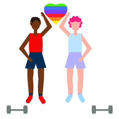 Two men go in for sports. LGBT romance and health. Rainbow heart. Couple holding heart .