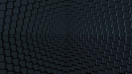 Carbon tiles in futuristic dark frame background. Industrial 3d render of black metal brick steps spreading in circle. Opening airlock on spaceship. Wall even blocks and gradient minimalist decor