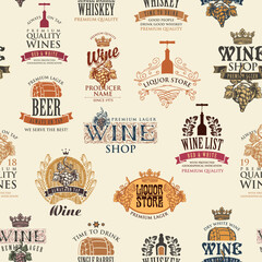 Seamless pattern with labels, logos, stickers, emblems for various alcohol beverages in retro style. Repeating vector background on the theme of wine, beer, whiskey. Wallpaper, wrapping paper, fabric