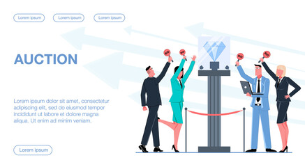 Fototapeta premium The diamond auction, businessmen bid flat vector illustration