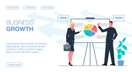 businessman and businesswoman discuss business growth  development strategy, there is a diagram on the board, analysis flat vector illustration