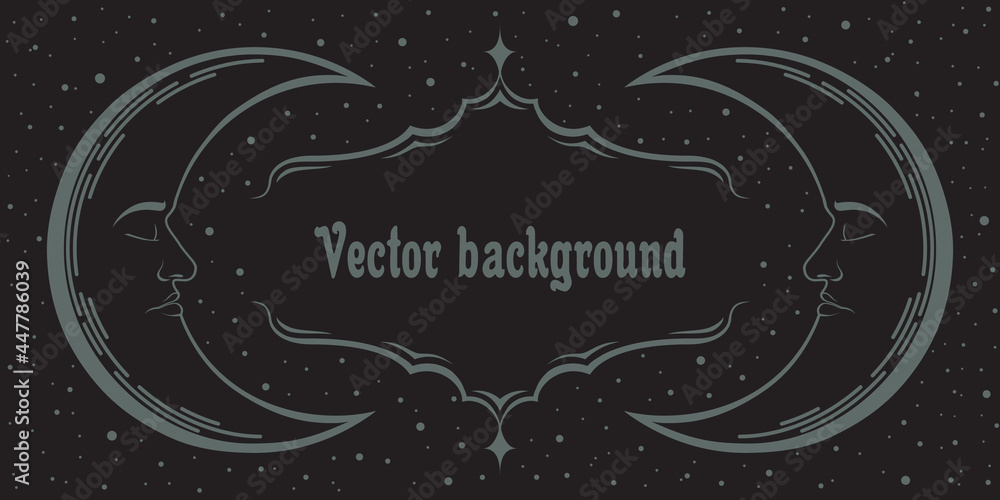 Wall mural dark esoteric background in boho style with crescent, stars and copy space. magical layout in black 