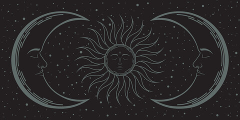 Boho moon background. Vector mystical cover in ethnic style with sun and crescents with faces, surrounded stars on black. Esoteric dark retro illustration