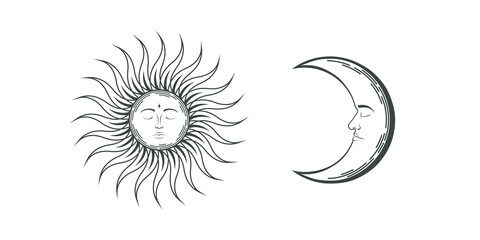 White and black vector isolated sketch tattoo sun and moon with faces. Mystical retro illustration in boho style