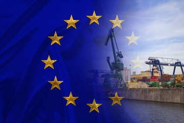 eu national flag on satin, port crane, sea containers, concept of delivery of goods by water in the...