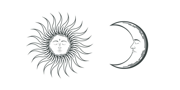 White and black vector isolated sketch tattoo sun and moon with faces. Mystical retro illustration in boho style