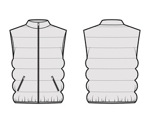 Down vest puffer waistcoat technical fashion illustration with stand collar, zip-up closure, pockets, oversized, classic quilting. Flat template front, back, grey color. Women, men, unisex top mockup © Vectoressa