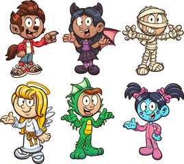 Halloween kids wearing different costumes. Vector clip art illustration with simple gradients. Each on a separate layer. 
