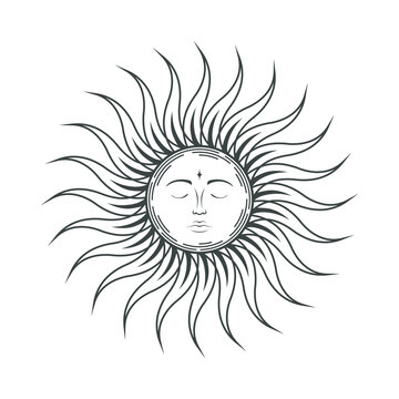Sketch tattoo magical sun with face. Vector isolated retro illustration in boho style