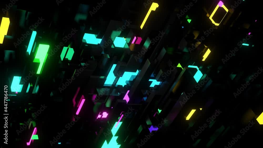 Poster abstract looped 4k dark background neon cubes light bulbs. visualisation of working ai bigdata or bl
