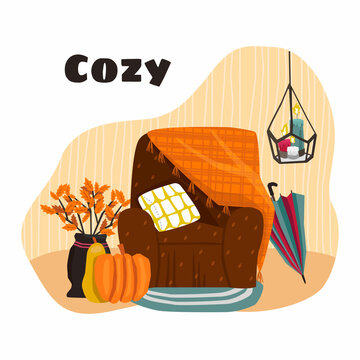 Vector isolated flat illustration with an element of seasonal, autumn comfortable, cozy atmosphere, interior. It depicts an armchair with blanket, pillow, vase, branches, leaves, candles.