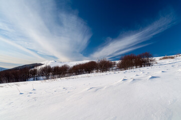 Bieszczady in winter seen from the top of Polonina Wetlinska, the Bieszczady Mountains, the Carpathians, Smerek, Roh