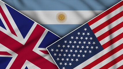 Argentina United States of America United Kingdom Flags Together Fabric Texture Effect Illustration