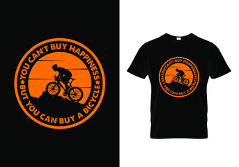 Motivational Typography Retro T-shirt design For Bicycle Rider with a message You can't buy happiness but you can buy a bicycle. Rounded retro tee graphic contains a bicycle rider on the hill