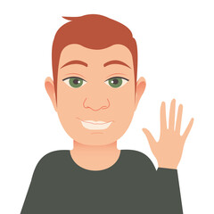 Avatar of a modern young guy working remotely and speaking via video link. The man is on a white background. Male image for printing on clothes, websites, applications, web banners. 