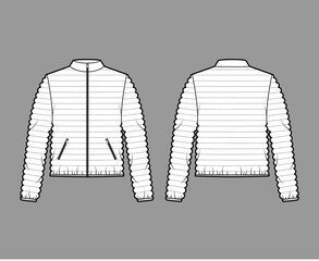Down puffer coat jacket technical fashion illustration with long sleeves, stand collar, zip-up closure, pockets, hip length, narrow quilting. Flat template front, back, white color. Women, men top CAD © Vectoressa