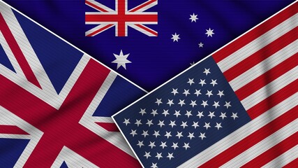 Australia United States of America United Kingdom Flags Together Fabric Texture Effect Illustration