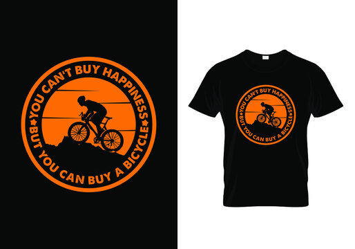 Motivational Typography Retro T-shirt design For Bicycle Rider with a message You can't buy happiness but you can buy a bicycle. Rounded retro tee graphic contains a bicycle rider on the hill