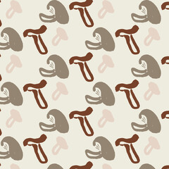 Vector pattern of colored mushrooms on a beige background. Autumn. Brush strokes. Ink style. Hand drawing. Doodle