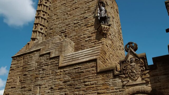 Establishing view of the National Wallace Monument in Scotland, UK, commemorating William Wallace, a Scottish knight who became one of the main leaders during the First War of Scottish Independence