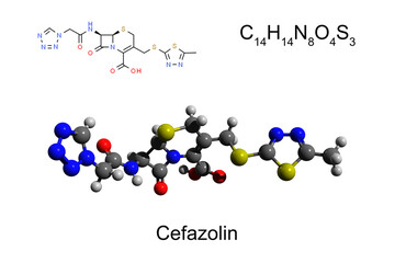 Chemical formula, structural formula and 3D ball-and-stick model of antibiotic cefazolin, white background