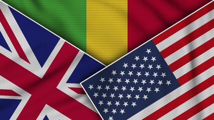 Mali United States of America United Kingdom Flags Together Fabric Texture Effect Illustration