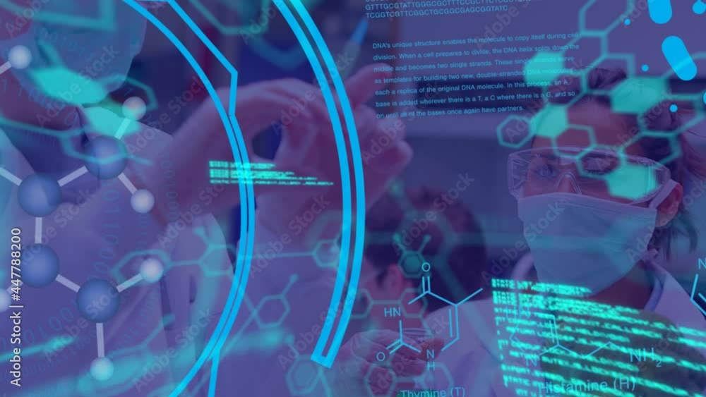 Poster animation of dna data processing over scientists in laboratory