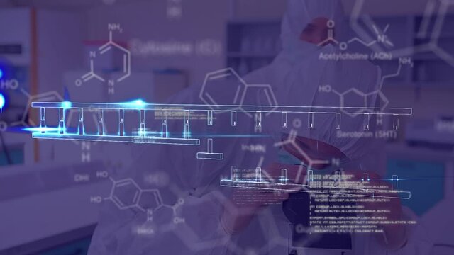 Animation of chemical formulas over scientist in laboratory