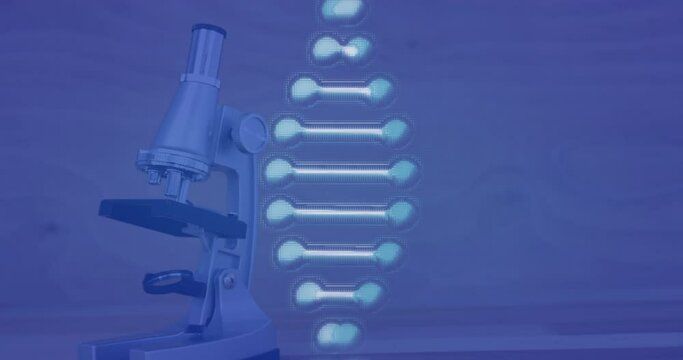 Animation of dna strand spinning over microscope on blue
