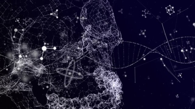 Animation of dna strand spinning over molecules and network of connections