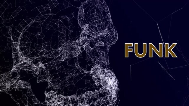 Animation of funk text in brown letters over connections on black background