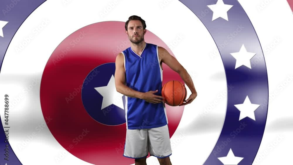 Poster animation of basketball player over american flag pattern and colour circles