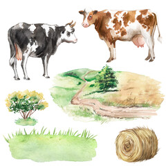 Rustic watercolor landscape, countryside, nature, cows, farm, village set, summer, pasture 
