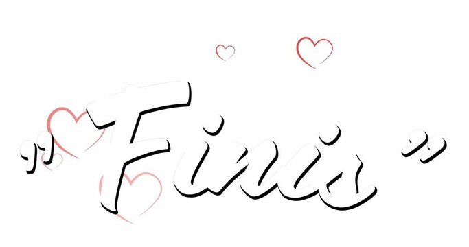 Digital animation of finis text against multiple red heart icons falling against white background