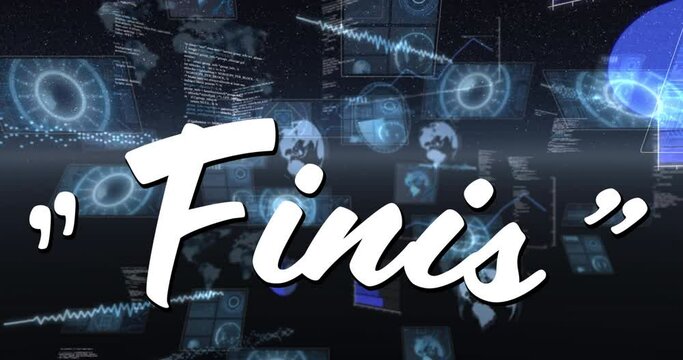 Finis text against multiple round scanners and data processing on blue background