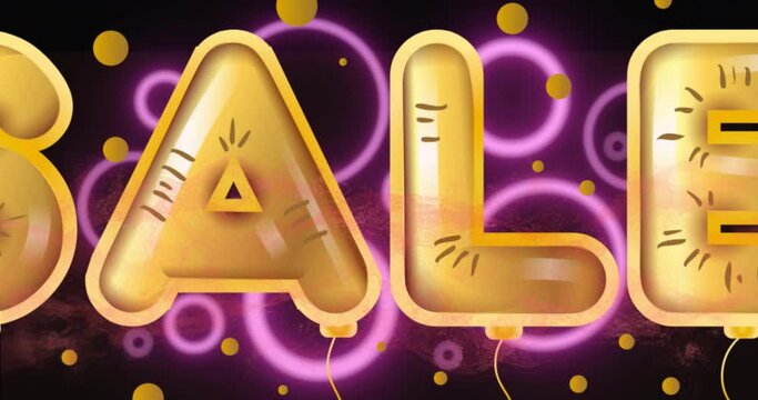 Digital animation of sale text golden foil balloons over neon circular shapes against diigtal waves