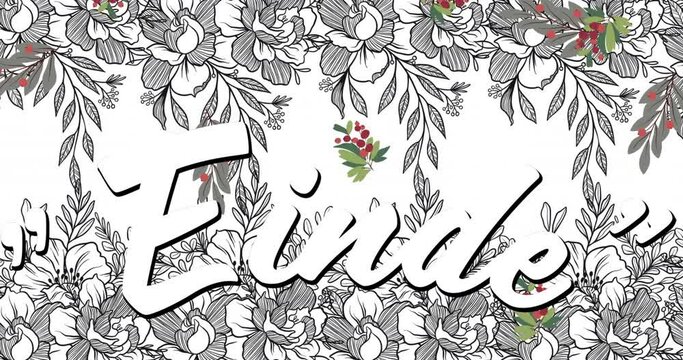 Digital animation of einde text over multiple leaves icons against floral design on white background