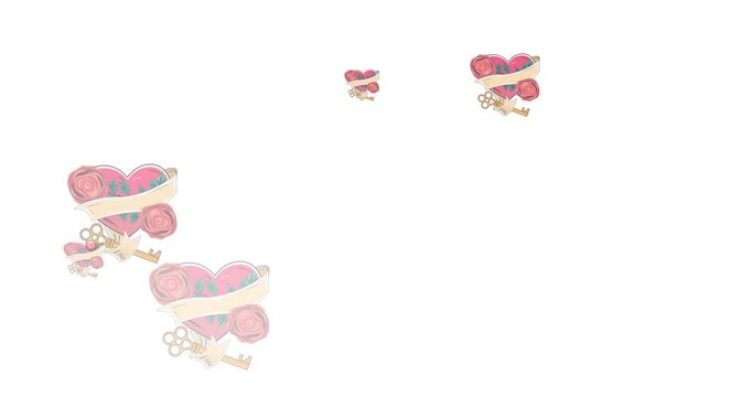 Yellow chevron pattern against multiple red heart and key icons falling against white background