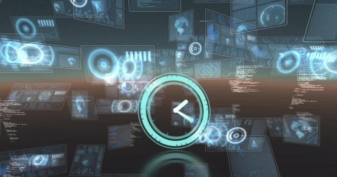 Neon digital clock ticking against multiple round scanners and data processing on blue background