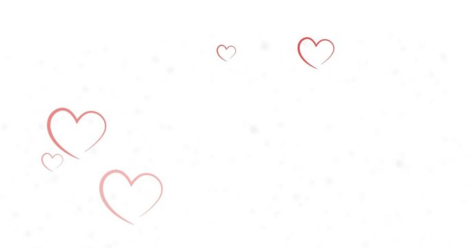 Digital animation of multiple red heart icons falling against white background