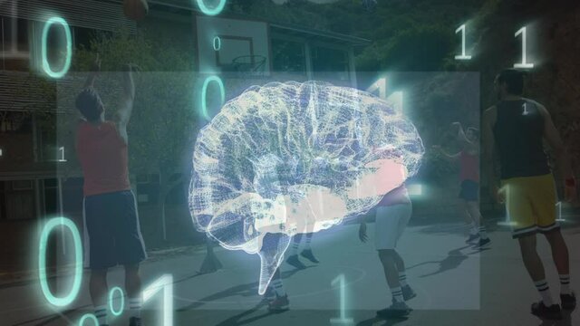 Animation of human brain spinning and binary coding over basketball match