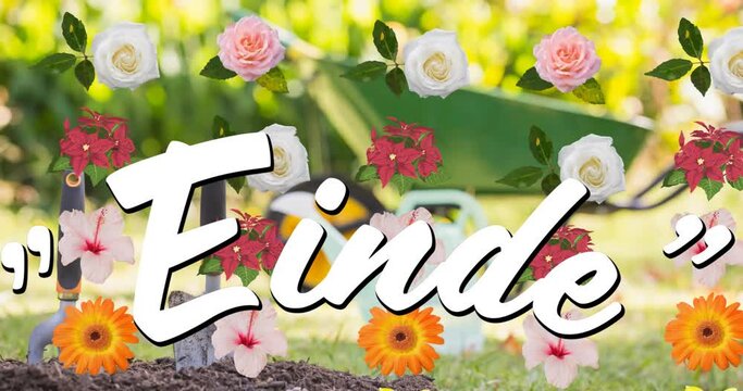 Einde text over multiple colorful flowers icons floating against garden in background
