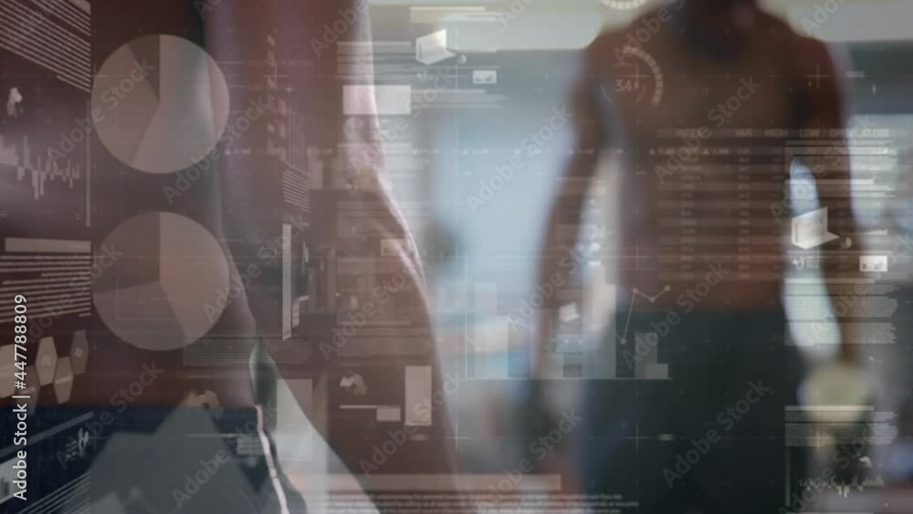 Poster animation of data processing over strong man exercising with dumbbells