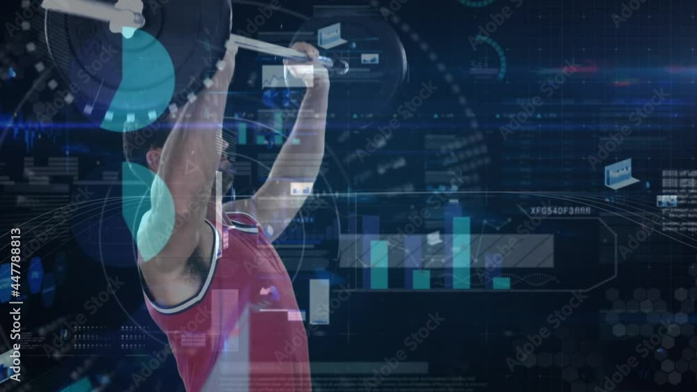 Poster animation of data processing over strong man lifting weights
